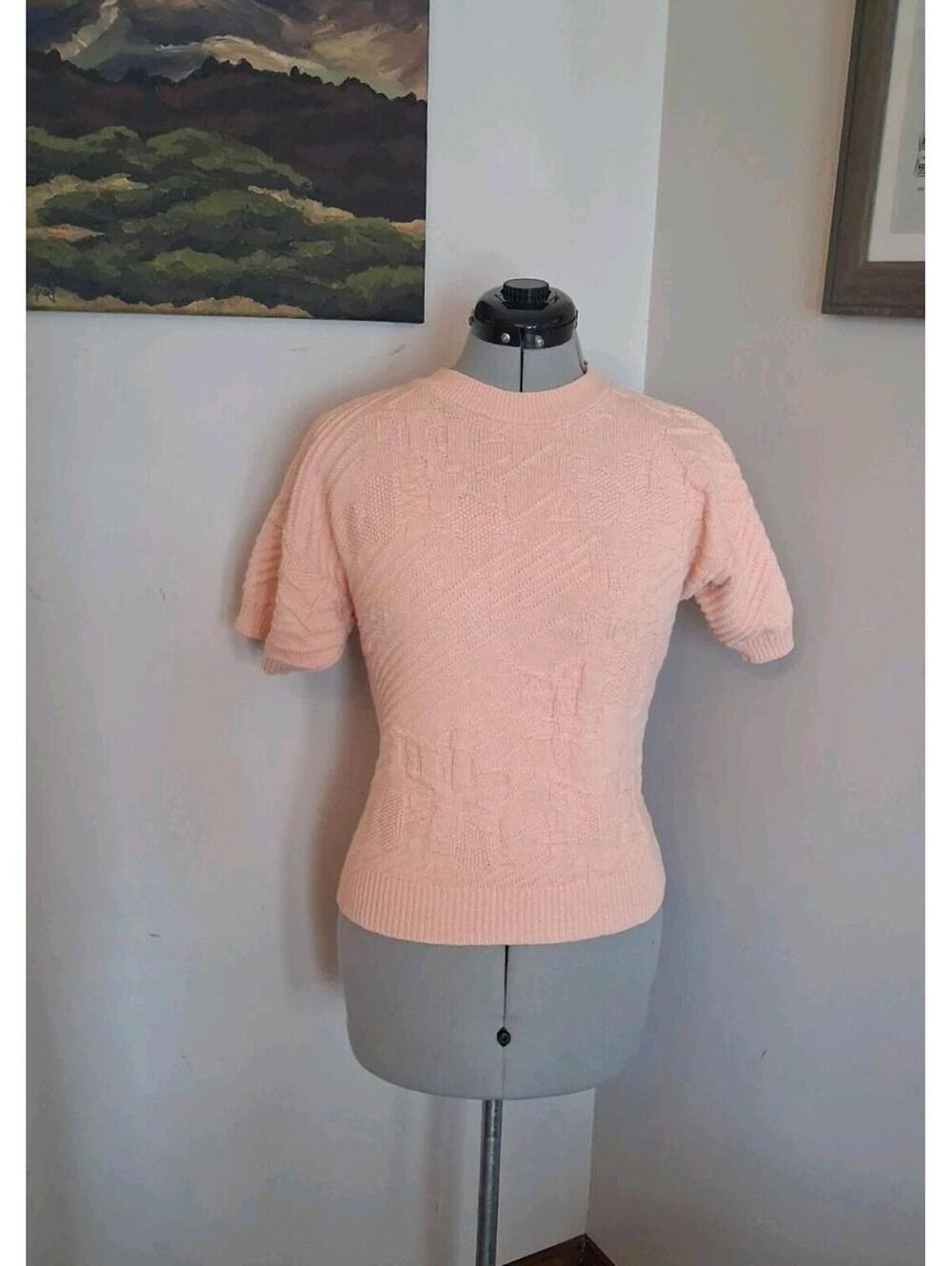 Vintage 80s Sweater, Short Sleeve Alicia Petite Cotton Peach Floral Crew Neck